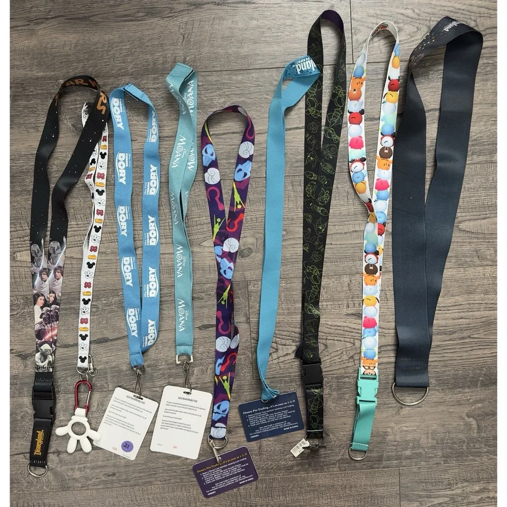 Disney Pin Trading Lanyard Lot of 9 Villains Star Wars Moana Bottle Holder